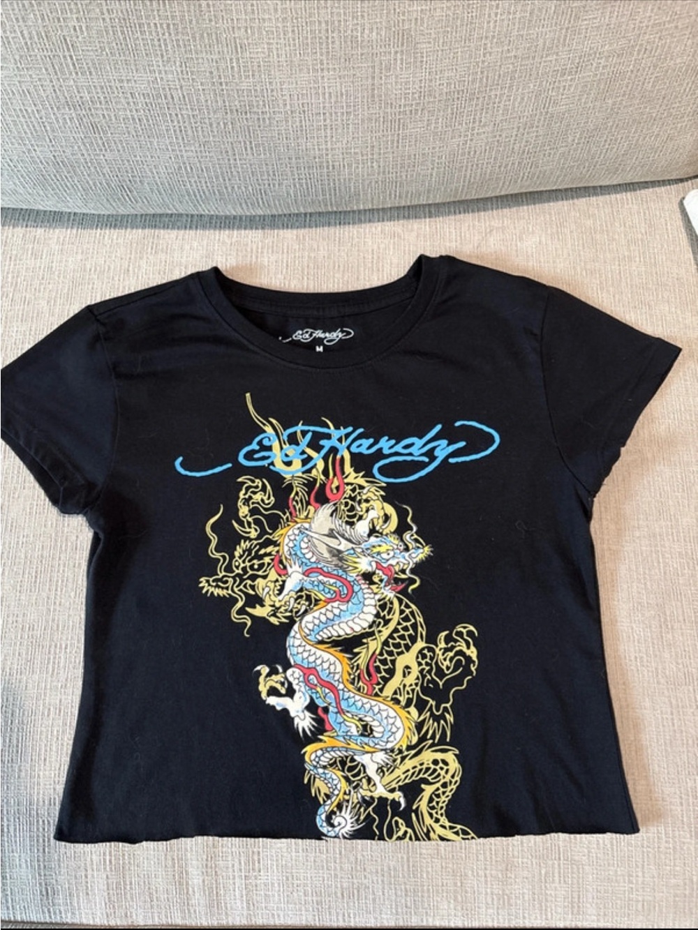 Ed Hardy Black Tee with Blue Script and Multicolor Dragon